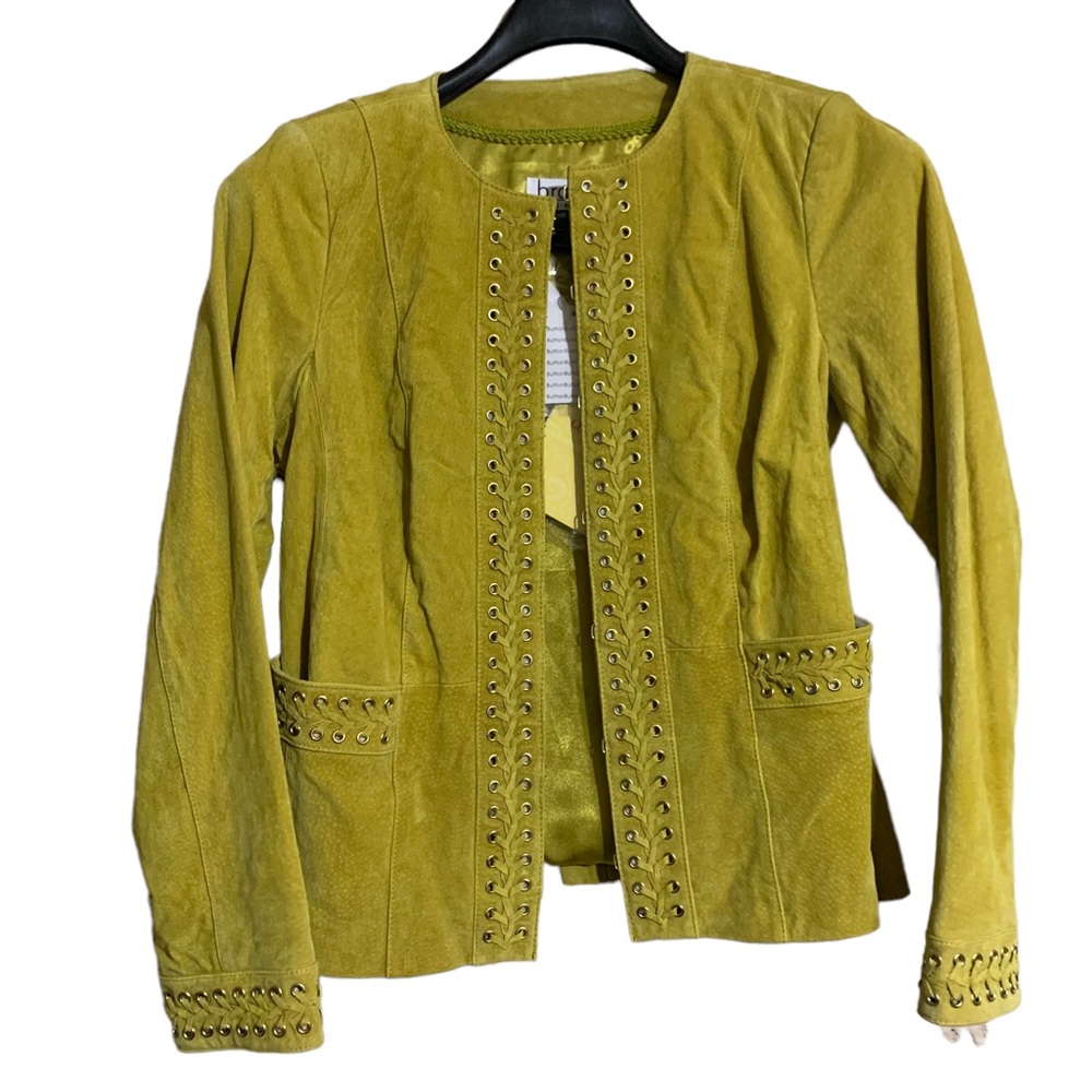 Bradley Bayou Yellowish Green  Suede Jacket with Metal and Braided accen…